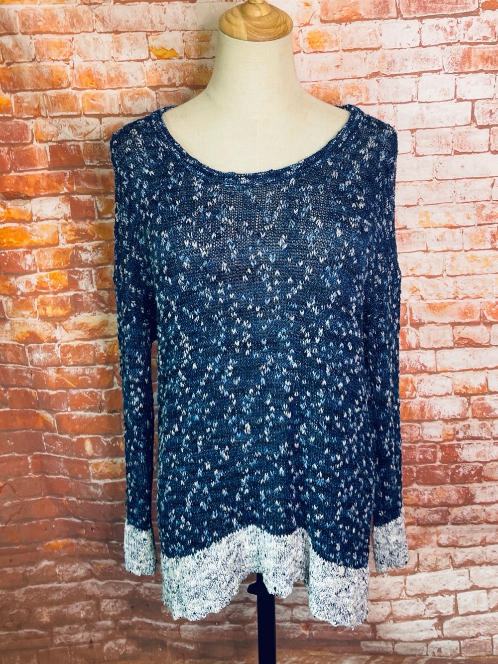 Rag & Bone Blue and White Melange Oversized Scoop Neck Sweater with Contrast Hem